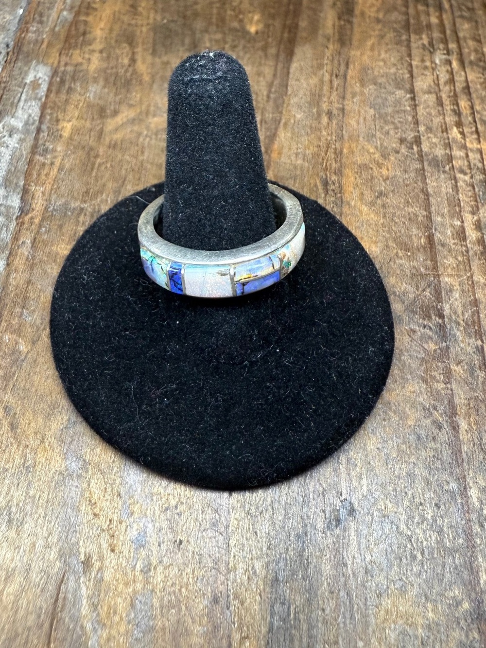 Silver Inlay Opal and Lapis Band Ring - Blue/White